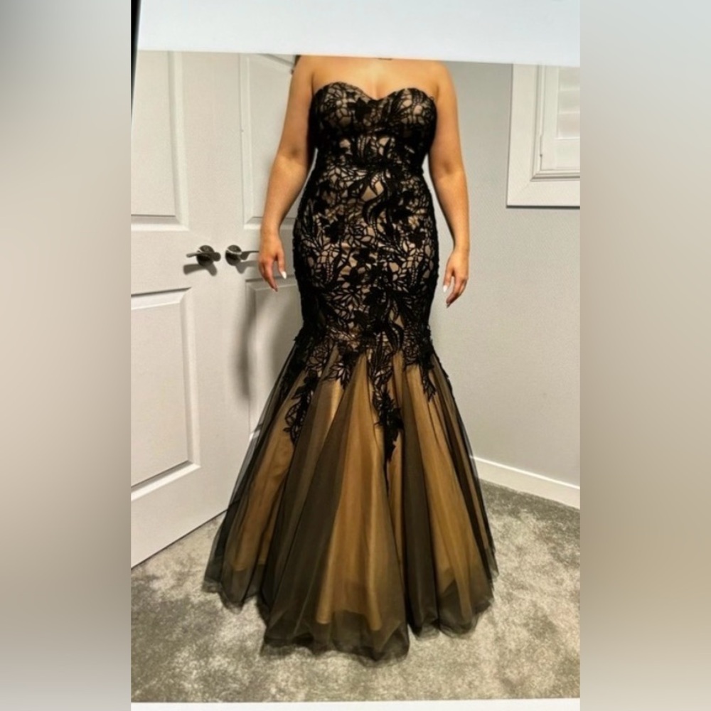 Zoey Grey NWT Elegant Black and Nude Mermaid Evening Gown with Lace Appliqué